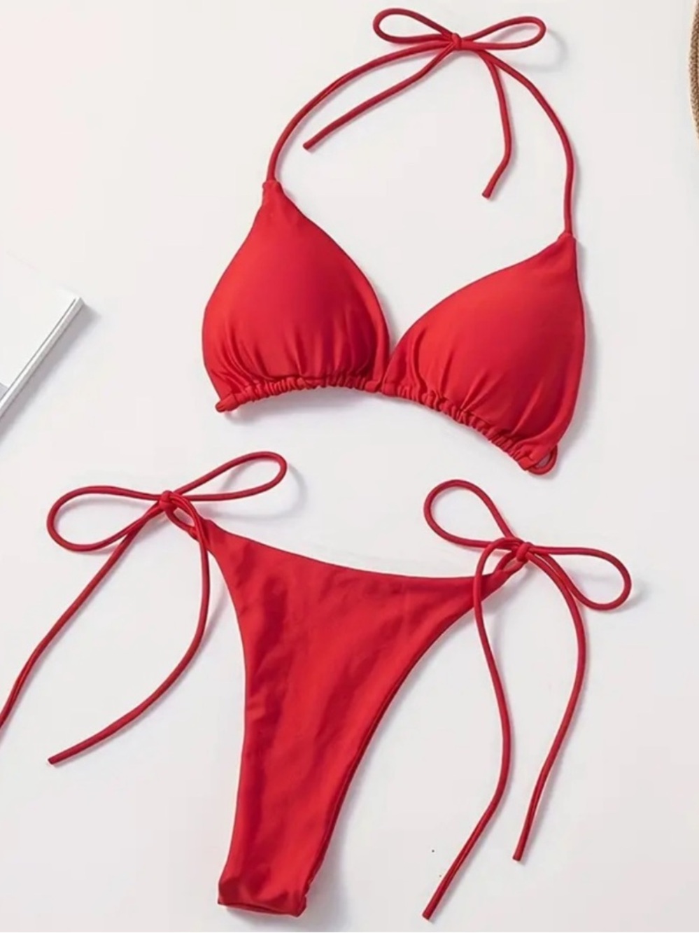 Red Tie Bikini Set - Classic Triangle Top & Tie-Side Thong Bottoms Small NWT